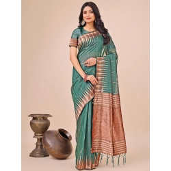 Generic Women's Linen Cotton Wevon Jacquard Saree With Unstitched Blouse 5.5Mtr (Green)