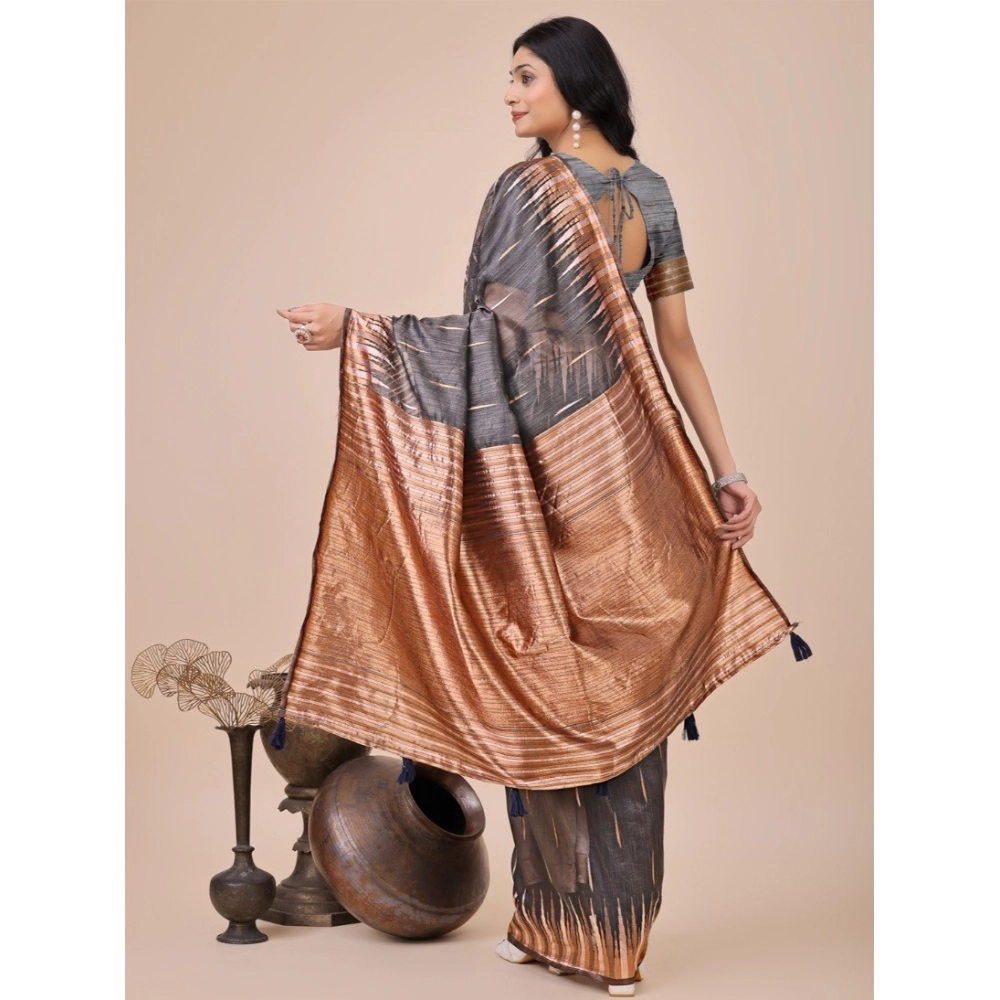 Generic Women's Linen Cotton Wevon Jacquard Saree With Unstitched Blouse 5.5Mtr (Grey)