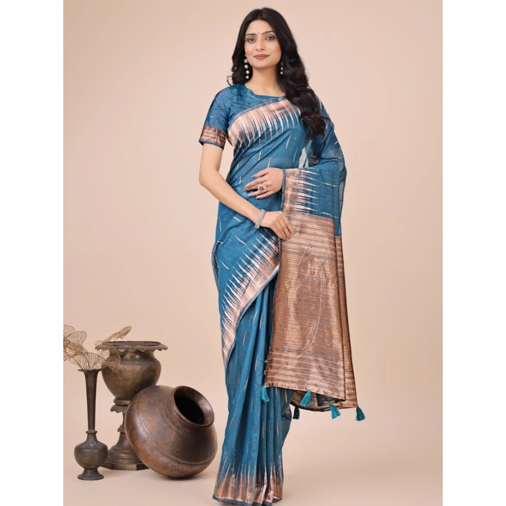 Generic Women's Linen Cotton Wevon Jacquard Saree With Unstitched Blouse 5.5Mtr (Blue)