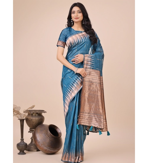 Generic Women's Linen Cotton Wevon Jacquard Saree With Unstitched Blouse 5.5Mtr (Blue)