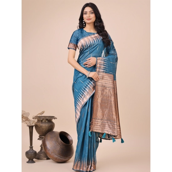 Generic Women's Linen Cotton Wevon Jacquard Saree With Unstitched Blouse 5.5Mtr (Blue)