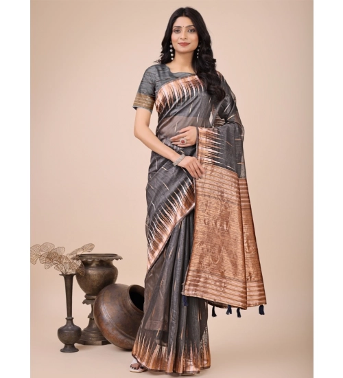 Generic Women's Linen Cotton Wevon Jacquard Saree With Unstitched Blouse 5.5Mtr (Grey)