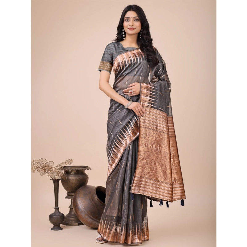 Women's Linen Cotton Wevon Jacquard Saree With Unstitched Blouse 5.5Mtr (Grey)