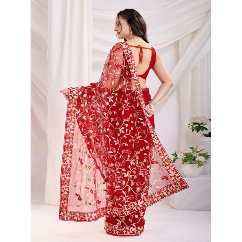 Women's Soft Net Thread Embroidery Saree With Unstitched Blouse 5.5Mtr (Maroon) Women's Soft Net Thread Embroidery Saree With Unstitched Blouse 5.5Mtr (Maroon)