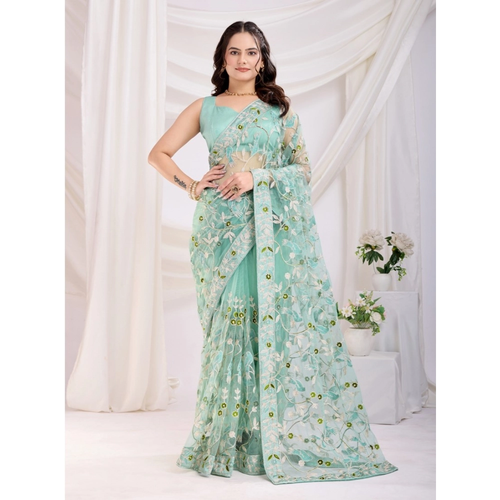 Generic Women's Soft Net Thread Embroidery Saree With Unstitched Blouse 5.5Mtr (Sea Green)