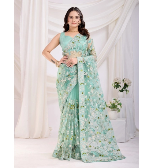 Generic Women's Soft Net Thread Embroidery Saree With Unstitched Blouse 5.5Mtr (Sea Green)