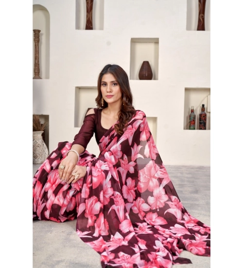 Generic Women's Polyster Printed Saree With Unstitched Blouse 5.5Mtr (Wine)