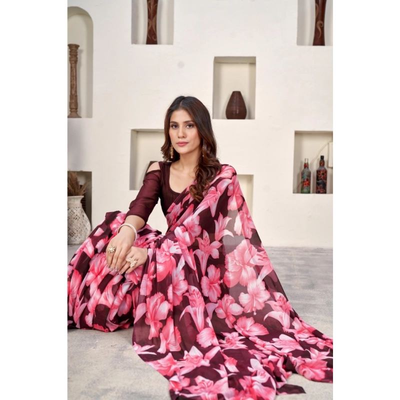 Women's Polyster Printed Saree With Unstitched Blouse 5.5Mtr (Wine)