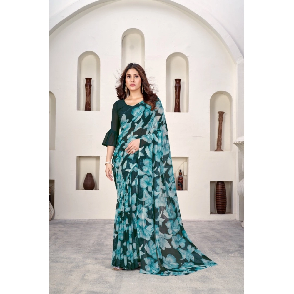 Generic Women's Polyster Printed Saree With Unstitched Blouse 5.5Mtr (Teal)