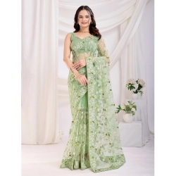 Generic Women's Soft Net Thread Embroidery Saree With Unstitched Blouse 5.5Mtr (Pista)