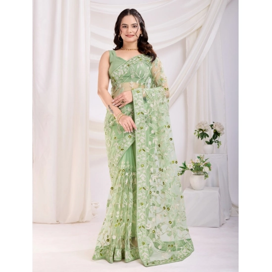 Generic Women's Soft Net Thread Embroidery Saree With Unstitched Blouse 5.5Mtr (Pista)