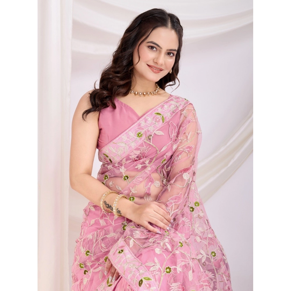 Generic Women's Soft Net Thread Embroidery Saree With Unstitched Blouse 5.5Mtr (Pink)