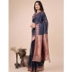 Generic Women's Linen Cotton Wevon Jacquard Saree With Unstitched Blouse 5.5Mtr (Navy Blue)