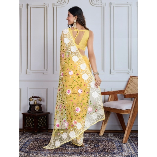 Generic Women's Soft Net Thread Embroidery Saree With Unstitched Blouse 5.5Mtr (Yellow)