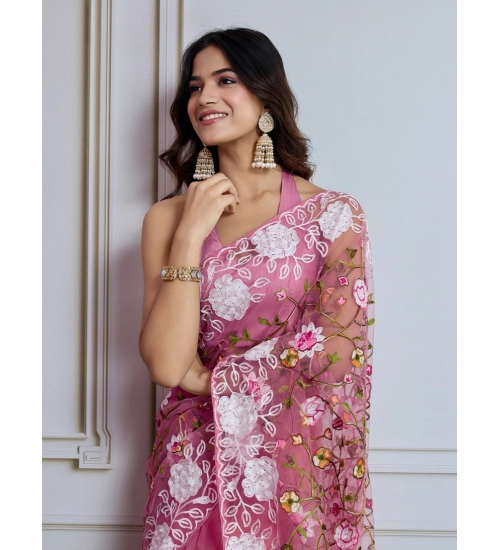 Generic Women's Soft Net Thread Embroidery Saree With Unstitched Blouse 5.5Mtr (Light Pink)