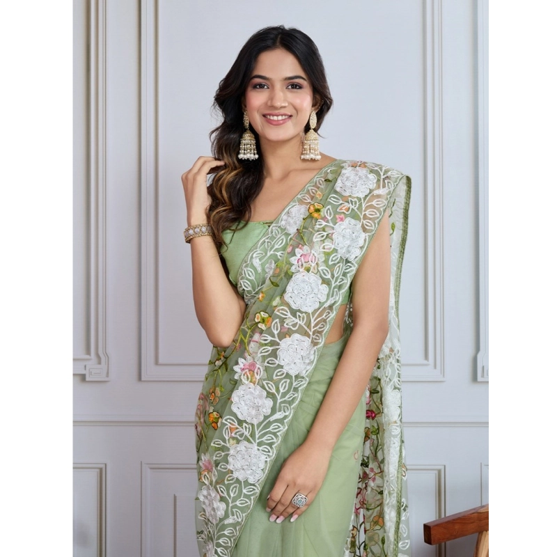 Women's Soft Net Thread Embroidery Saree With Unstitched Blouse 5.5Mtr (Pista)