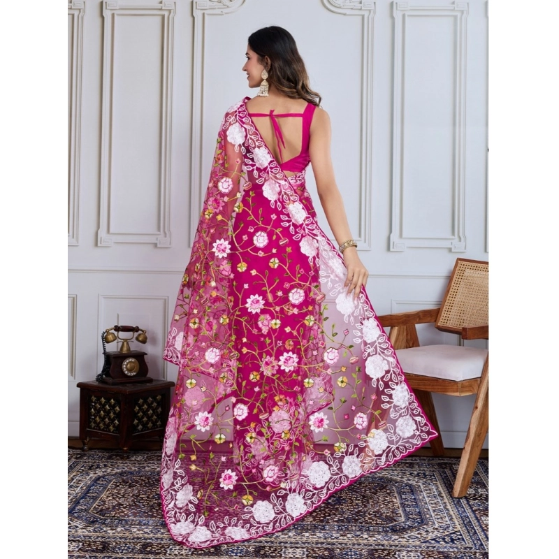 Women's Soft Net Thread Embroidery Saree With Unstitched Blouse 5.5Mtr (Dark Pink)