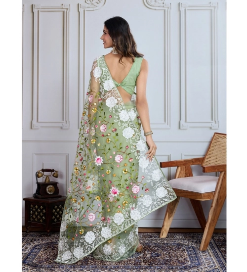 Generic Women's Soft Net Thread Embroidery Saree With Unstitched Blouse 5.5Mtr (Pista)