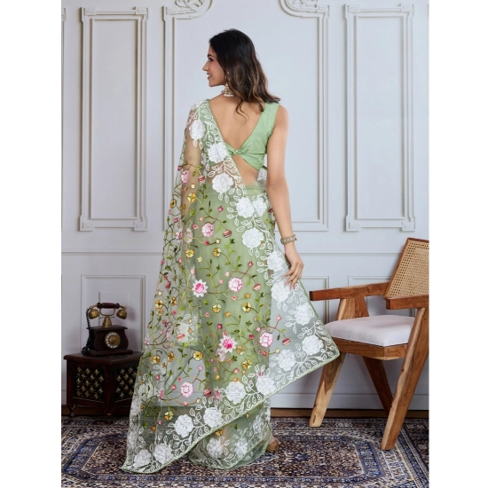 Generic Women's Soft Net Thread Embroidery Saree With Unstitched Blouse 5.5Mtr (Pista)