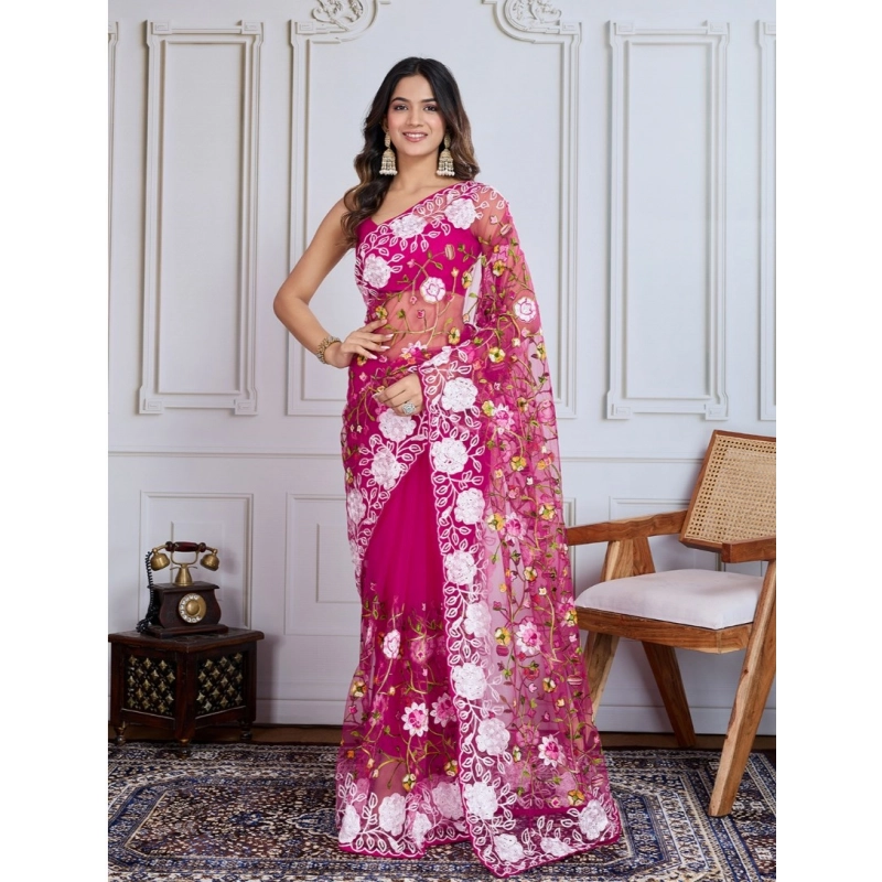 Women's Soft Net Thread Embroidery Saree With Unstitched Blouse 5.5Mtr (Dark Pink)