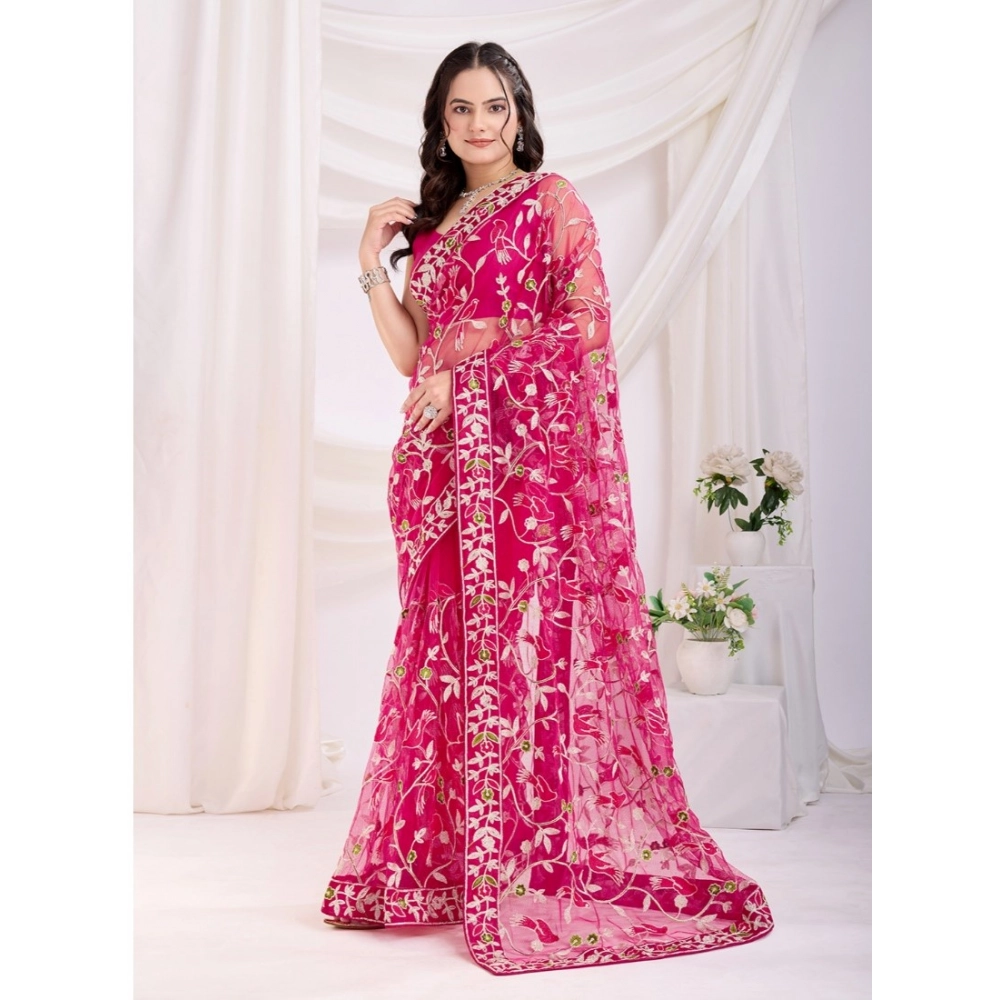 Generic Women's Soft Net Thread Embroidery Saree With Unstitched Blouse 5.5Mtr (Dark Pink)