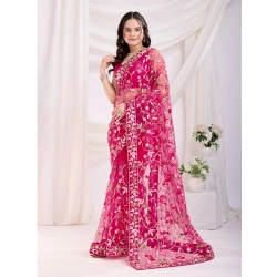 Generic Women's Soft Net Thread Embroidery Saree With Unstitched Blouse 5.5Mtr (Dark Pink)