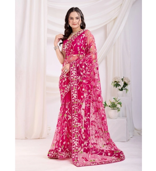 Generic Women's Soft Net Thread Embroidery Saree With Unstitched Blouse 5.5Mtr (Dark Pink)