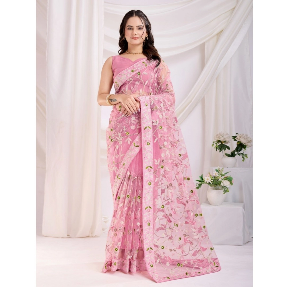 Generic Women's Soft Net Thread Embroidery Saree With Unstitched Blouse 5.5Mtr (Pink)
