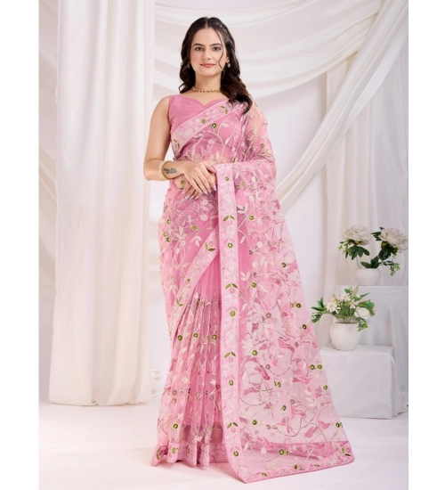 Generic Women's Soft Net Thread Embroidery Saree With Unstitched Blouse 5.5Mtr (Pink)
