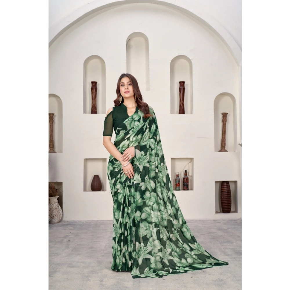 Generic Women's Polyster Printed Saree With Unstitched Blouse 5.5Mtr (Green)