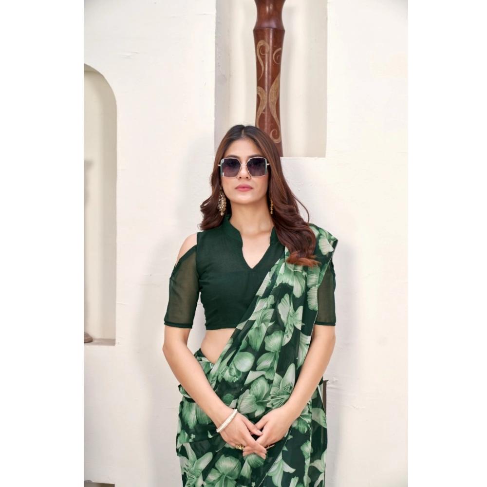 Generic Women's Polyster Printed Saree With Unstitched Blouse 5.5Mtr (Green)