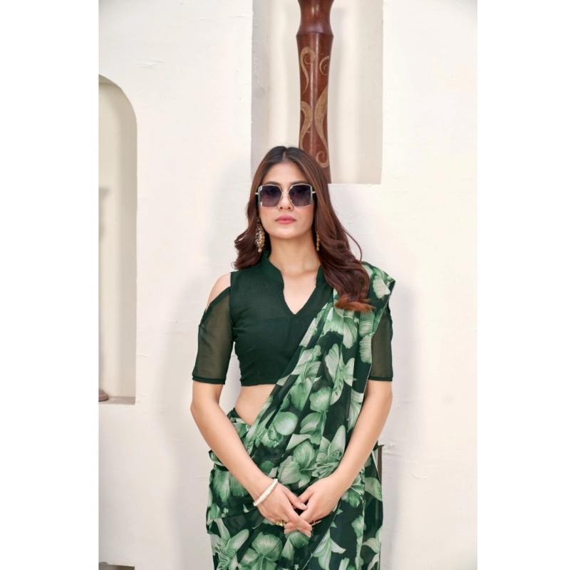 Women's Polyster Printed Saree With Unstitched Blouse 5.5Mtr (Green)