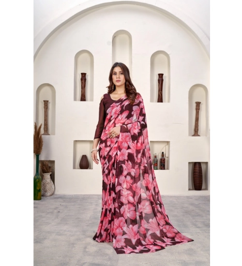 Generic Women's Polyster Printed Saree With Unstitched Blouse 5.5Mtr (Wine)