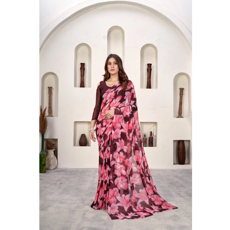 Women's Polyster Printed Saree With Unstitched Blouse 5.5Mtr (Wine)