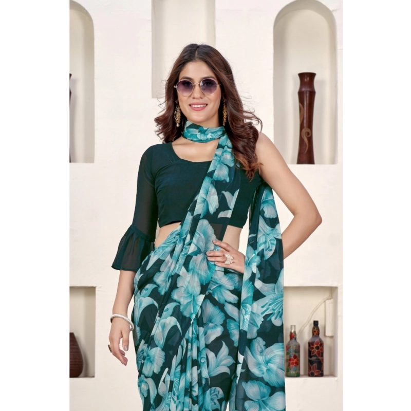 Women's Polyster Printed Saree With Unstitched Blouse 5.5Mtr (Teal)