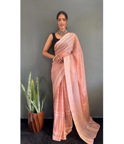 Generic Women's Chiffon Striped Ready to wear Saree With Unstitched Blouse 5.5 Mtr (Peach)