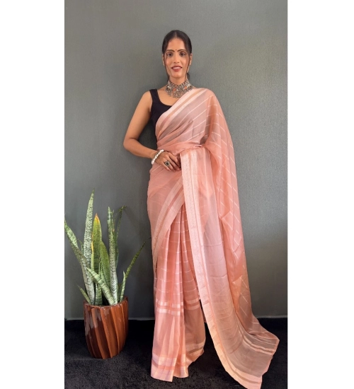 Generic Women's Chiffon Striped Ready to wear Saree With Unstitched Blouse 5.5 Mtr (Peach)