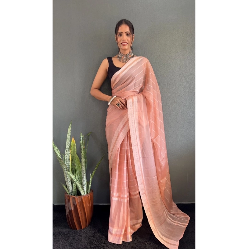 Women's Chiffon Striped Ready to wear Saree With Unstitched Blouse 5.5 Mtr (Peach) Women's Chiffon Striped Ready to wear Saree With Unstitched Blouse 5.5 Mtr (Peach)
