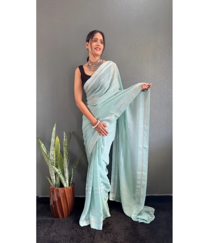 Generic Women's Chiffon Striped Ready to wear Saree With Unstitched Blouse 5.5 Mtr (Sky)