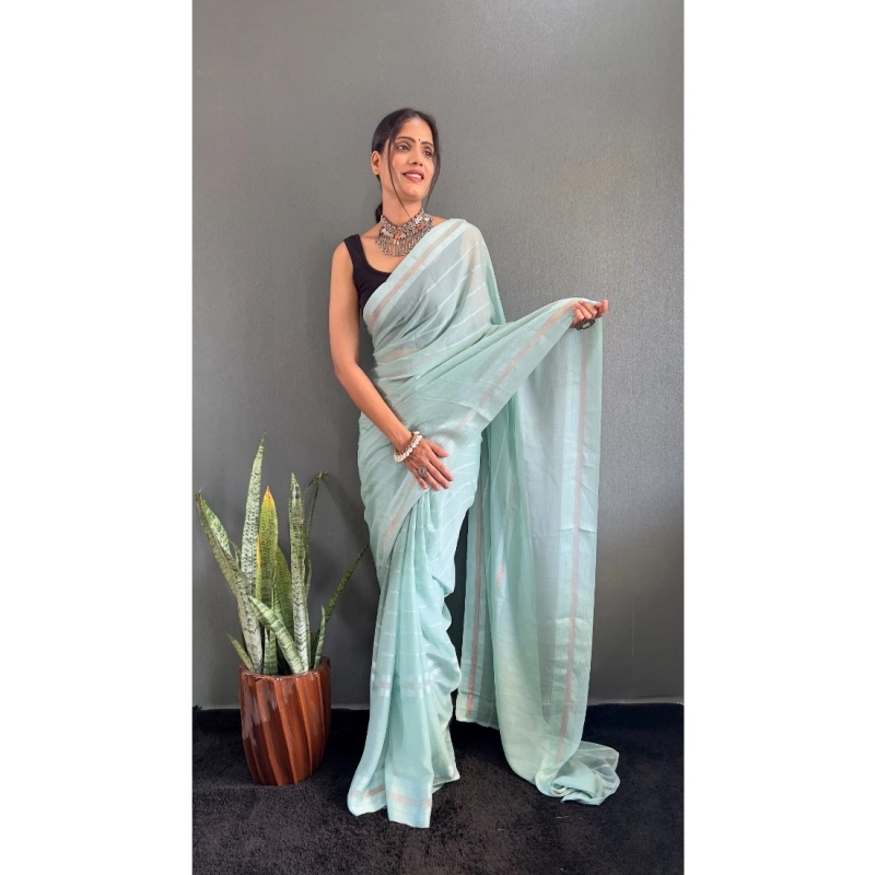 Women's Chiffon Striped Ready to wear Saree With Unstitched Blouse 5.5 Mtr (Sky)