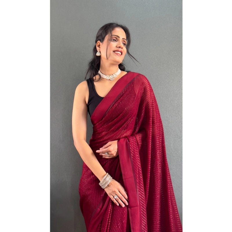 Women's Chiffon Solid Ready to wear Saree With Unstitched Blouse 5.5 Mtr (Maroon) Women's Chiffon Solid Ready to wear Saree With Unstitched Blouse 5.5 Mtr (Maroon)