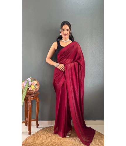 Generic Women's Chiffon Solid Ready to wear Saree With Unstitched Blouse 5.5 Mtr (Maroon)