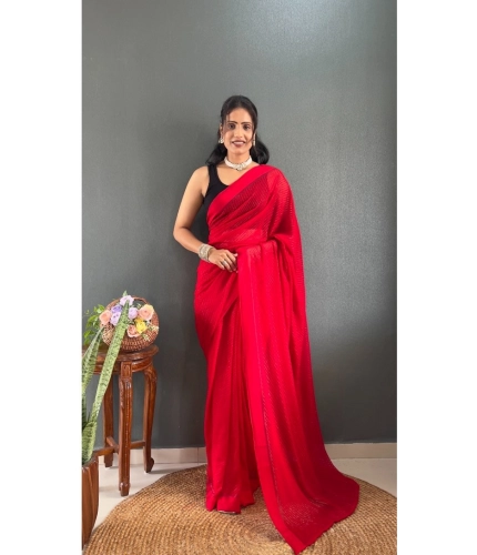 Generic Women's Chiffon Solid Ready to wear Saree With Unstitched Blouse 5.5 Mtr (Red)