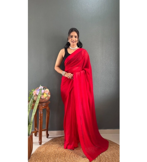 Generic Women's Chiffon Solid Ready to wear Saree With Unstitched Blouse 5.5 Mtr (Red)
