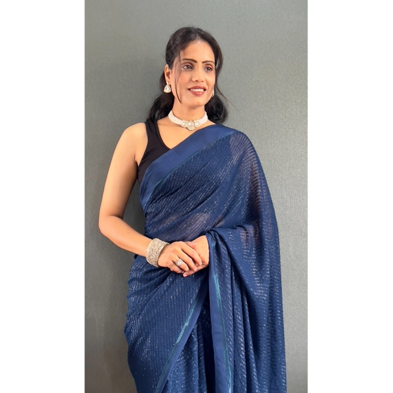 Women's Chiffon Solid Ready to wear Saree With Unstitched Blouse 5.5 Mtr (Blue ) Women's Chiffon Solid Ready to wear Saree With Unstitched Blouse 5.5 Mtr (Blue )