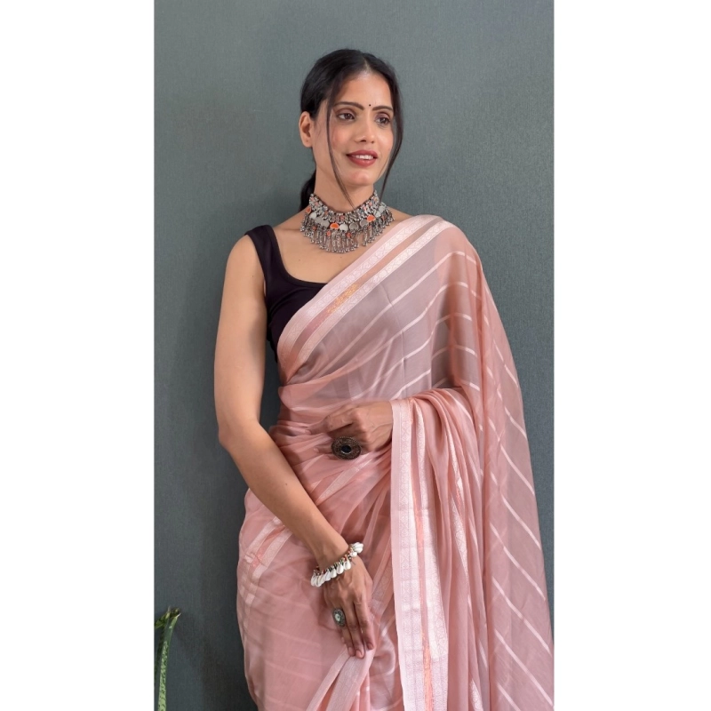 Women's Chiffon Striped Ready to wear Saree With Unstitched Blouse 5.5 Mtr (Peach) Women's Chiffon Striped Ready to wear Saree With Unstitched Blouse 5.5 Mtr (Peach)