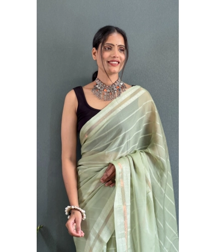 Generic Women's Chiffon Striped Ready to wear Saree With Unstitched Blouse 5.5 Mtr (Pista )