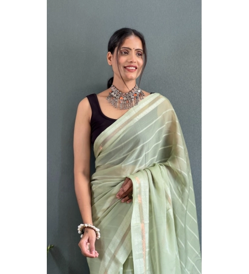 Generic Women's Chiffon Striped Ready to wear Saree With Unstitched Blouse 5.5 Mtr (Pista )