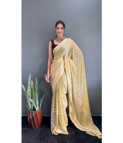 Generic Women's Chiffon Striped Ready to wear Saree With Unstitched Blouse 5.5 Mtr (Yellow)