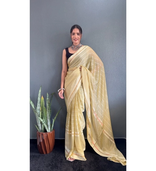 Generic Women's Chiffon Striped Ready to wear Saree With Unstitched Blouse 5.5 Mtr (Yellow)